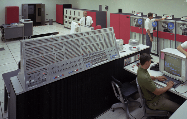 Console of the IBM System/360 Model 91. The very large computer itself is not visible in this photo. Photo source unknown.